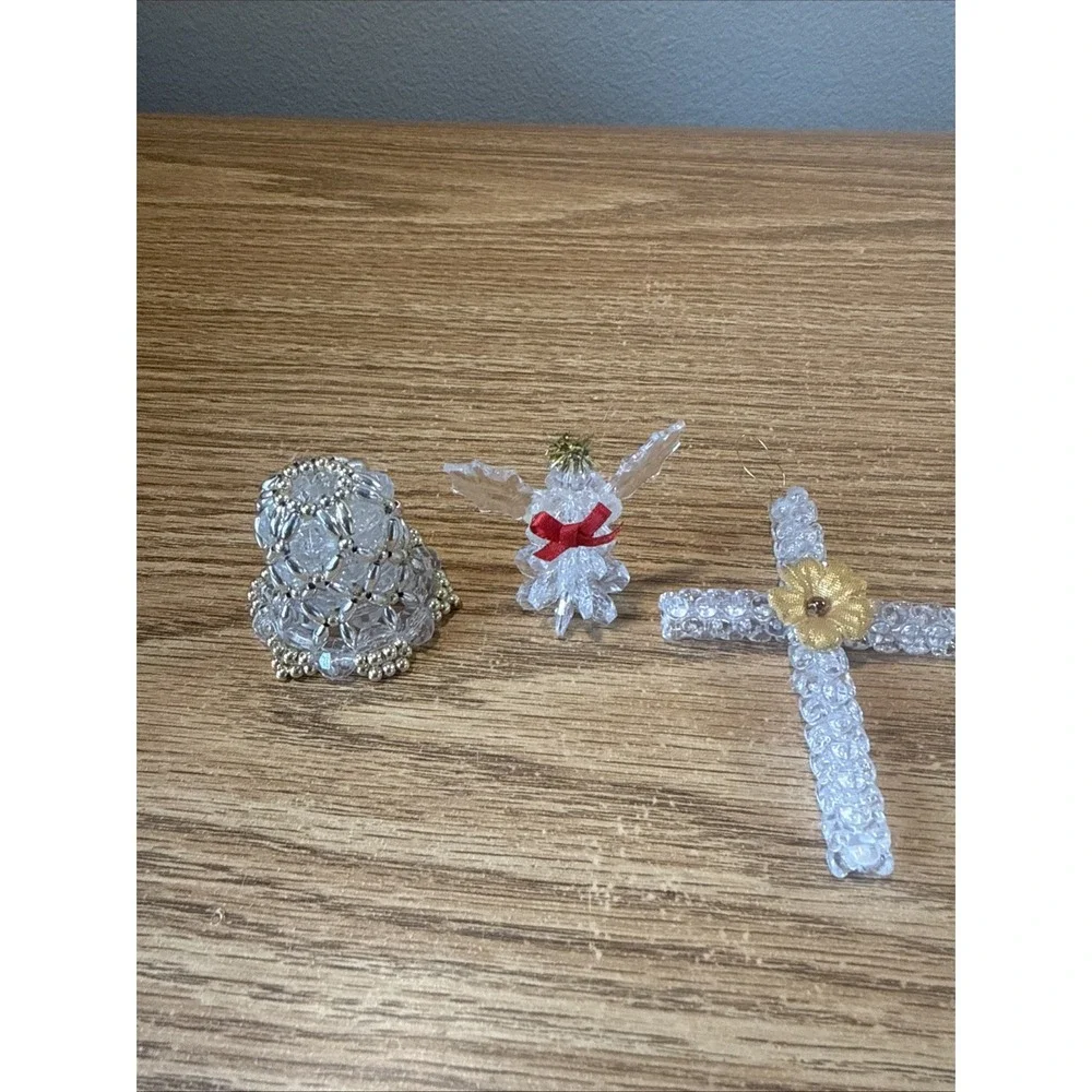 Lot of 3 Vintage Handmade‎ Beaded Christmas Ornaments Cross/bell/angel